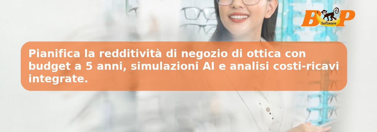 Pianifica la redditività di negozio di ottica con budget a 5 anni, simulazioni AI e analisi costi-ricavi integrate.