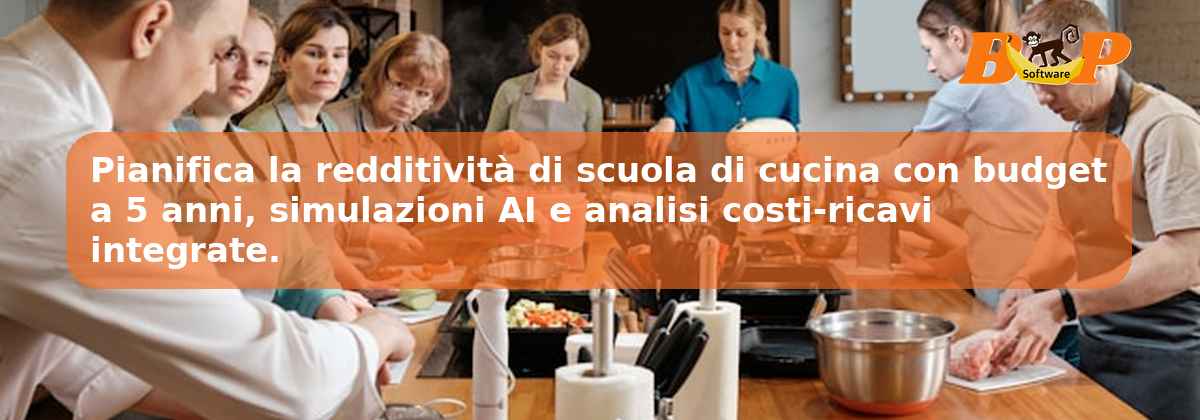 Pianifica la redditività di scuola di cucina con budget a 5 anni, simulazioni AI e analisi costi-ricavi integrate.
