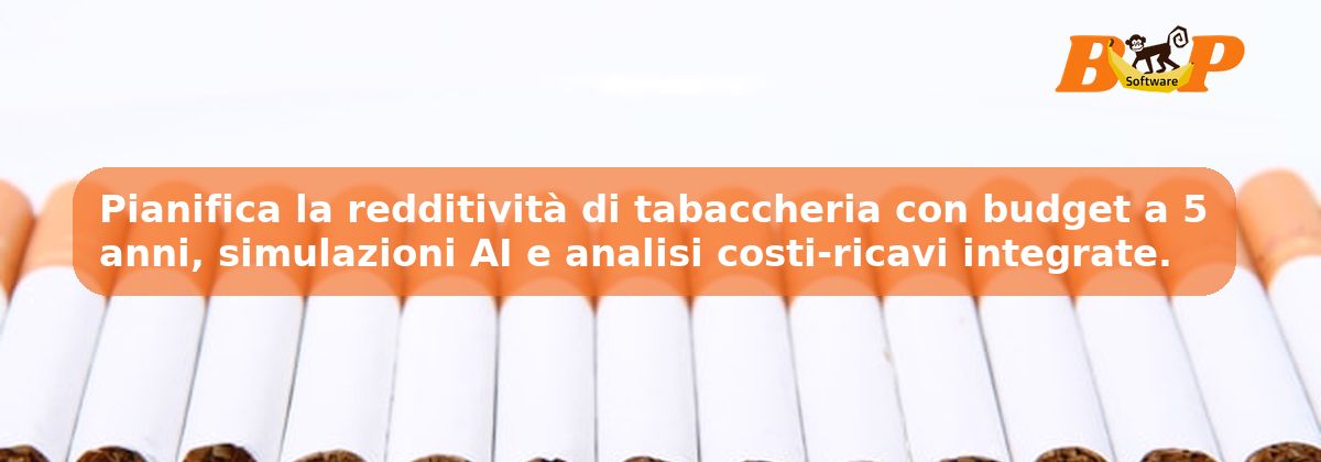 Pianifica la redditività di tabaccheria con budget a 5 anni, simulazioni AI e analisi costi-ricavi integrate.