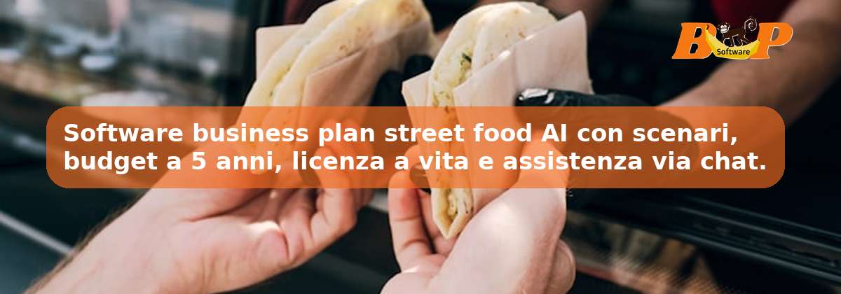 Software business plan street food AI con scenari, budget a 5 anni, licenza a vita e assistenza via chat.